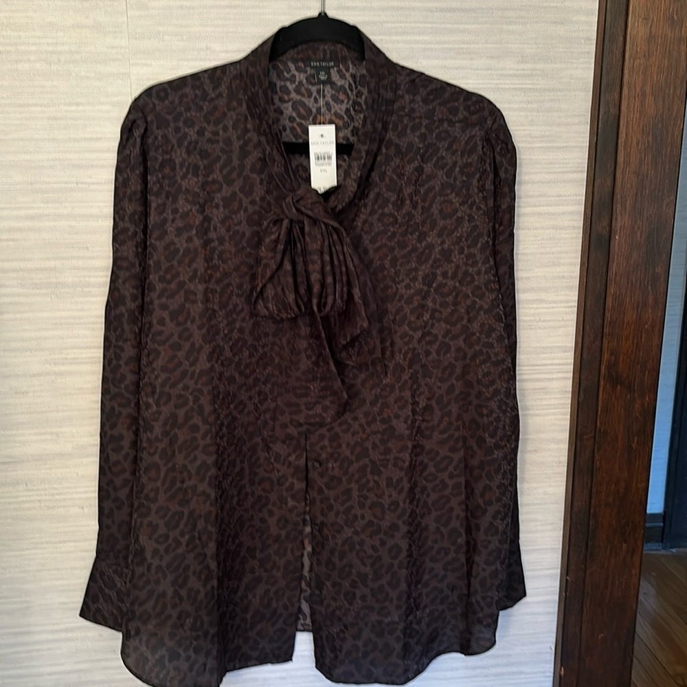 Ann Taylor leopard print tie neck blouse